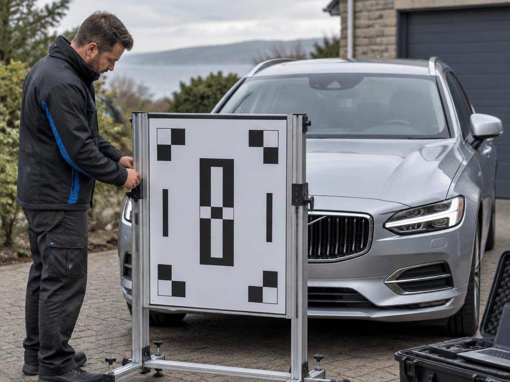 Technician positioning an ADAS calibration target in front of a car