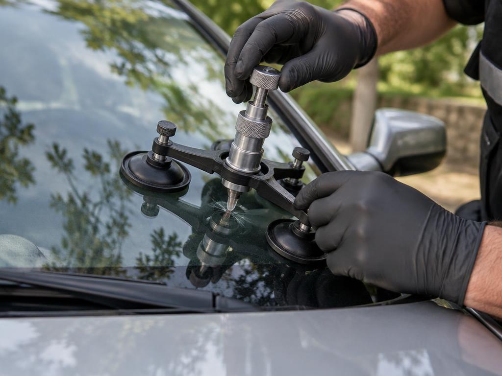 Professional resin tool repairing a windscreen chip