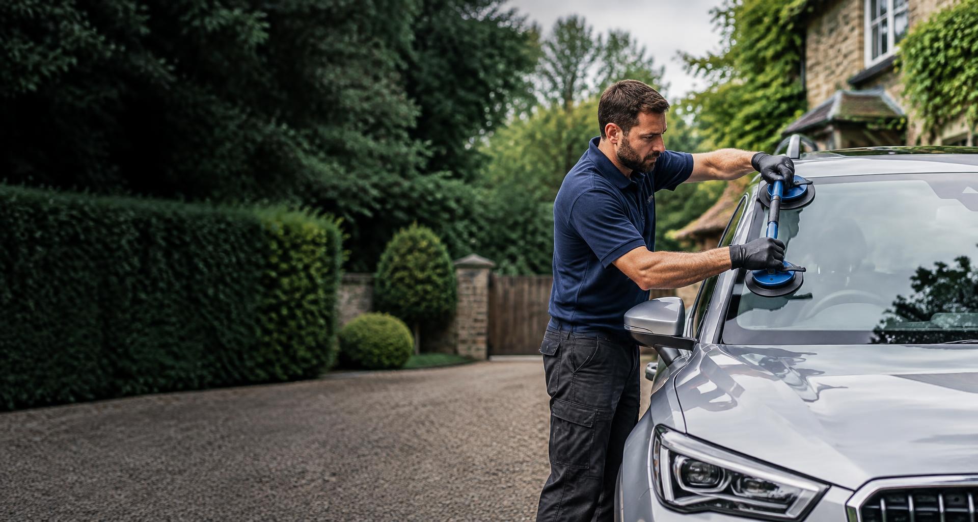 Windscreen technician working on a car at a customer's home